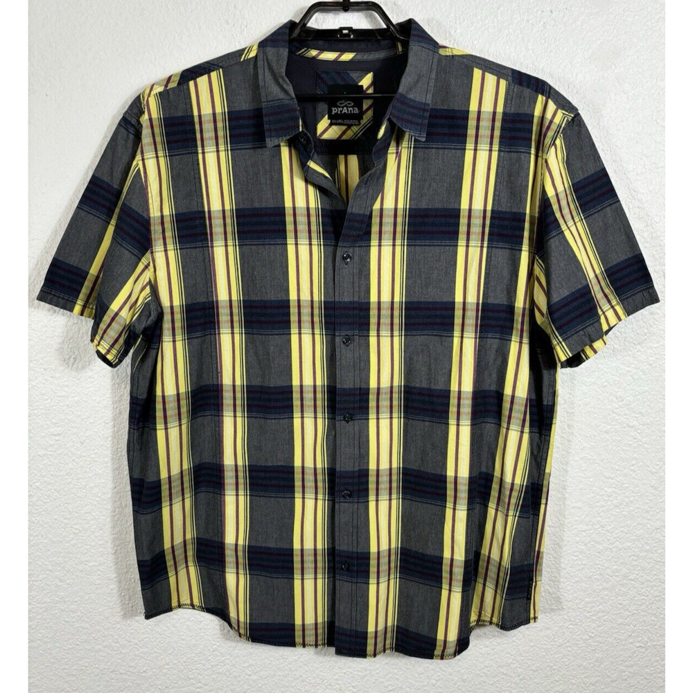 Prana Shirt Mens XXL Button Up Short Sleeve Cotton Yellow Gray Lukas Plaid